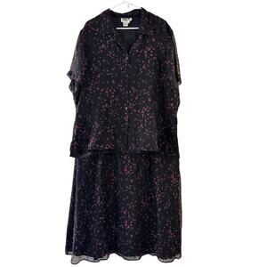 Robbie Bee 90s Y2K black floral print 100% silk 2 piece blouse and maxi skirt 2X